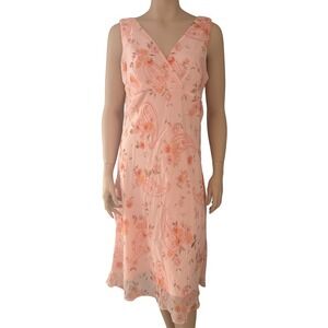 Sheer Floral Paisley V Neck Midi Dress Women's Size M Peach Coral